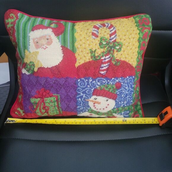 Christmas Holiday Needlepoint pillow red santa snowman candy cane present happy - Picture 11 of 12